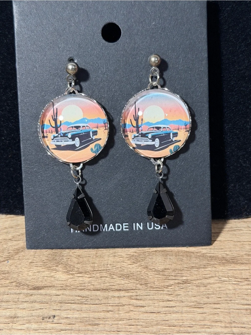 Source Unknown Black Teardrop Retro Desert Car Earrings